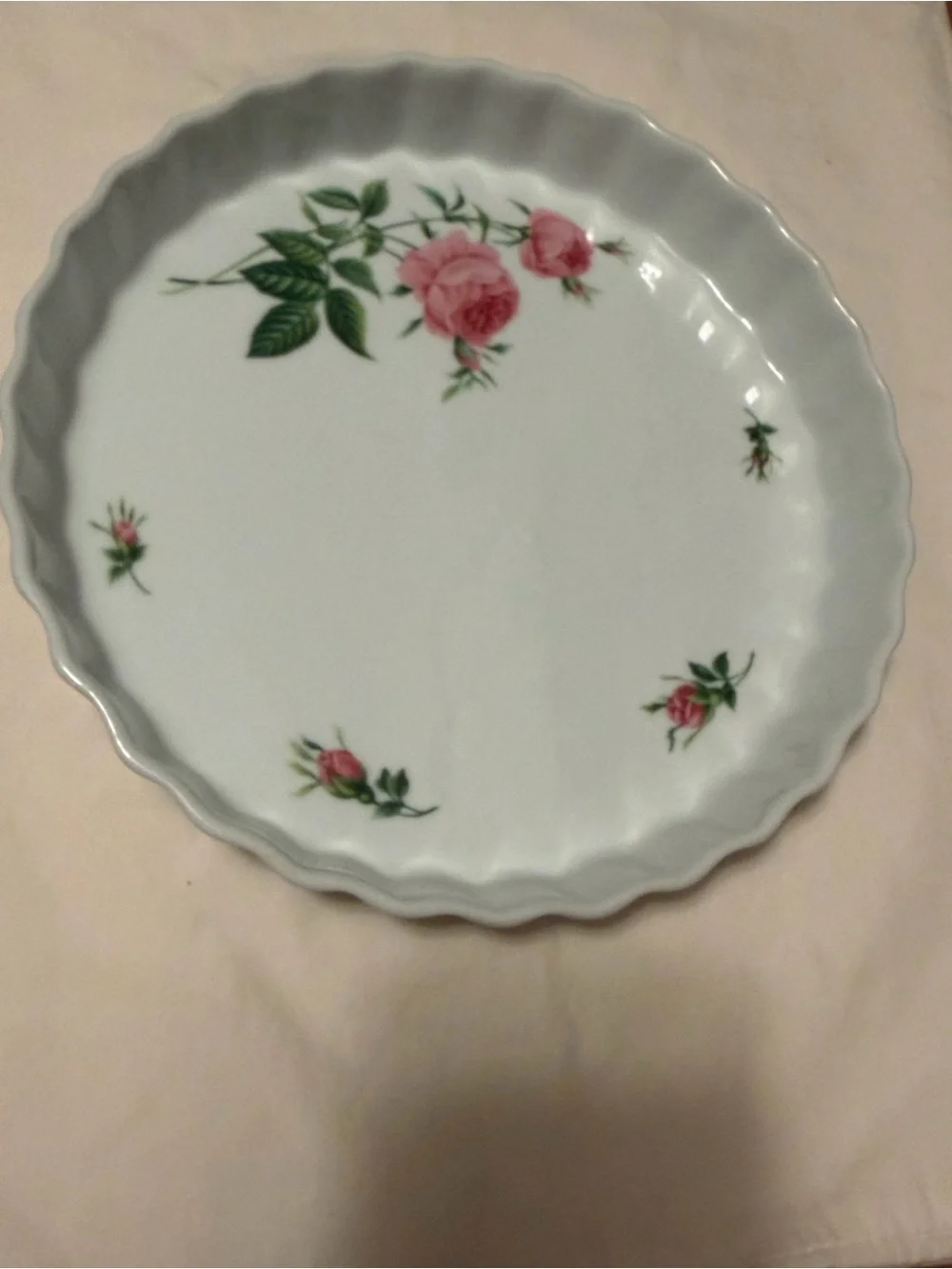 Vintage Christine Porcelain Floral Quiche Dish - Pink Rose Design